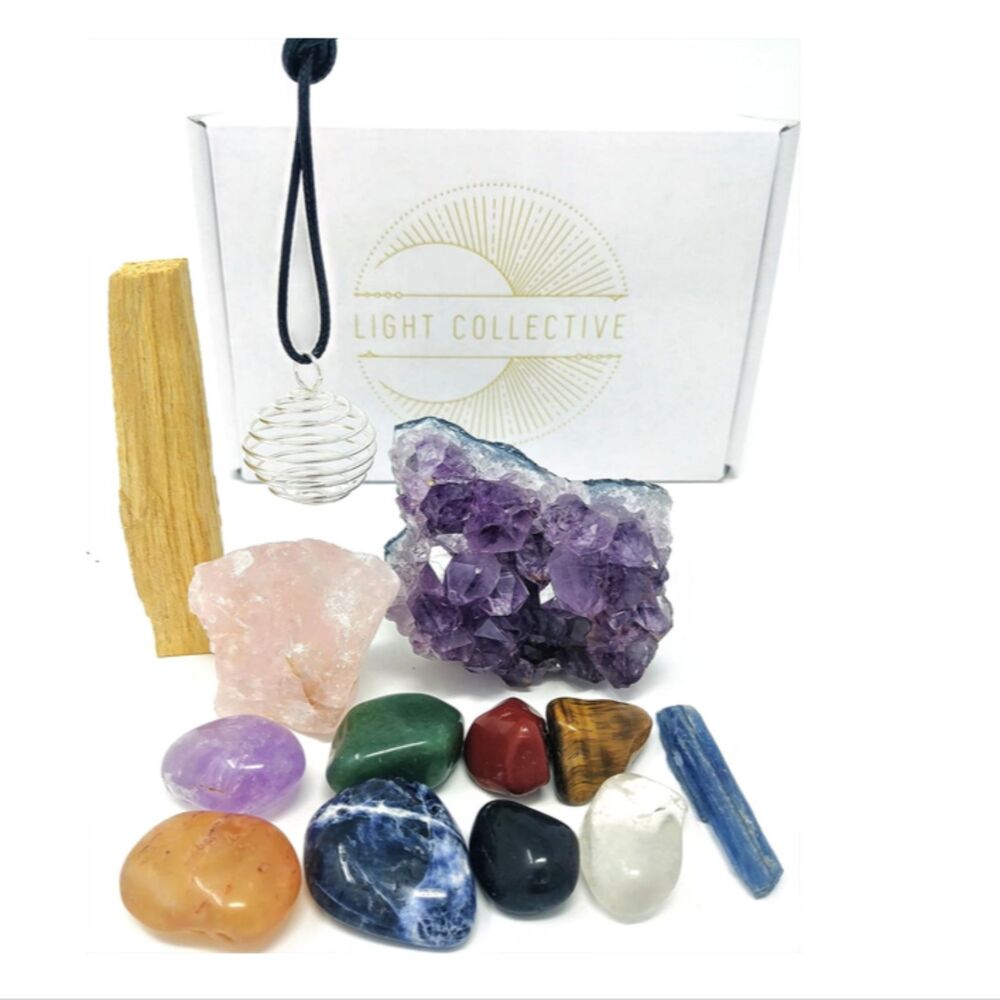 Light Collective Chakra Crystal 13 Piece Set Amethyst Cluster Palo Santo Pendant